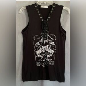 Black Lace-Up Graphic Muscle Tank, Small